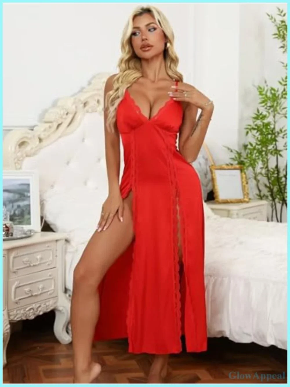 Women's Silk Nightgown with Lace Trim and Side Slits - Satin Sleep Dress